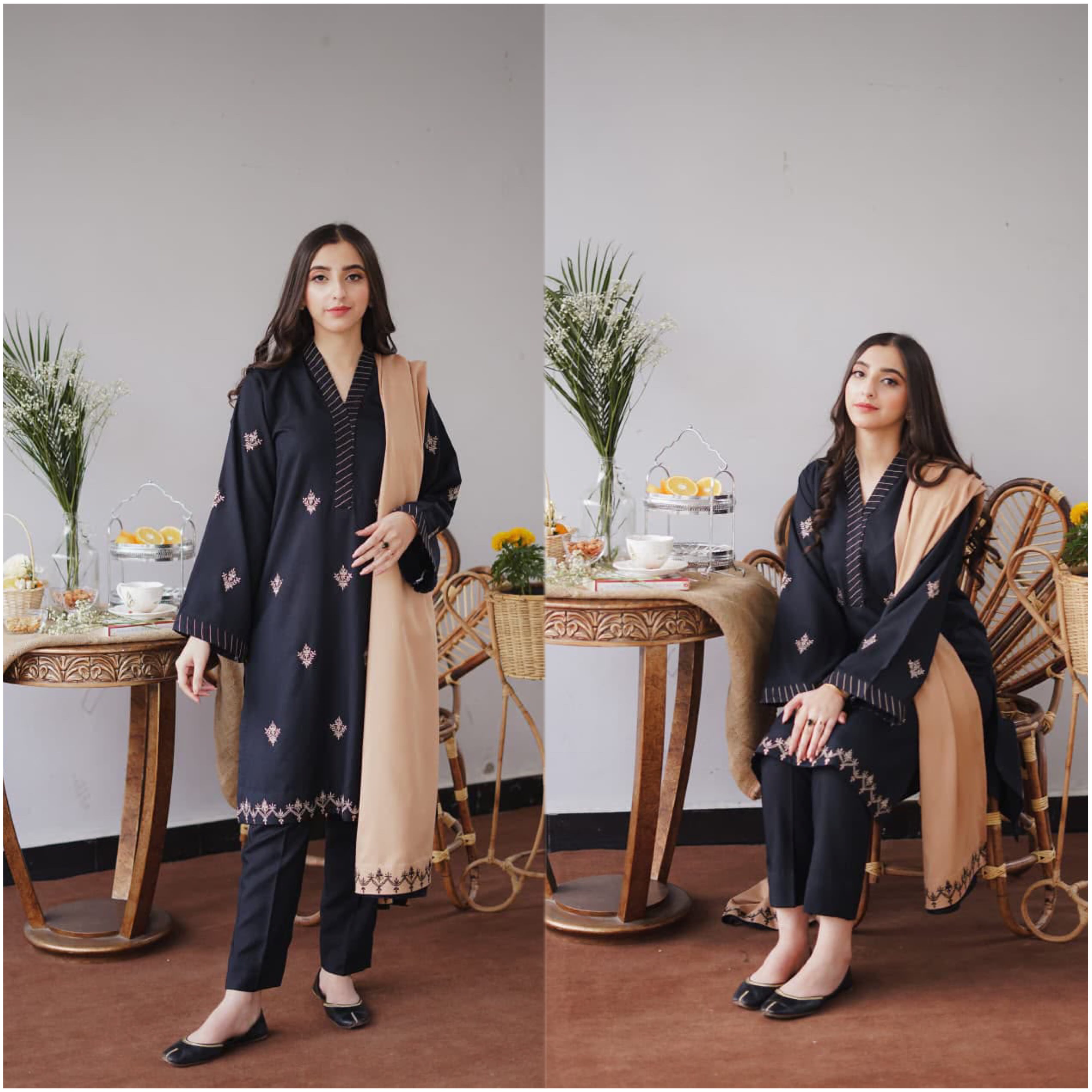 Embroidered 3-Piece Winter Suit with Shawl – Navy Black