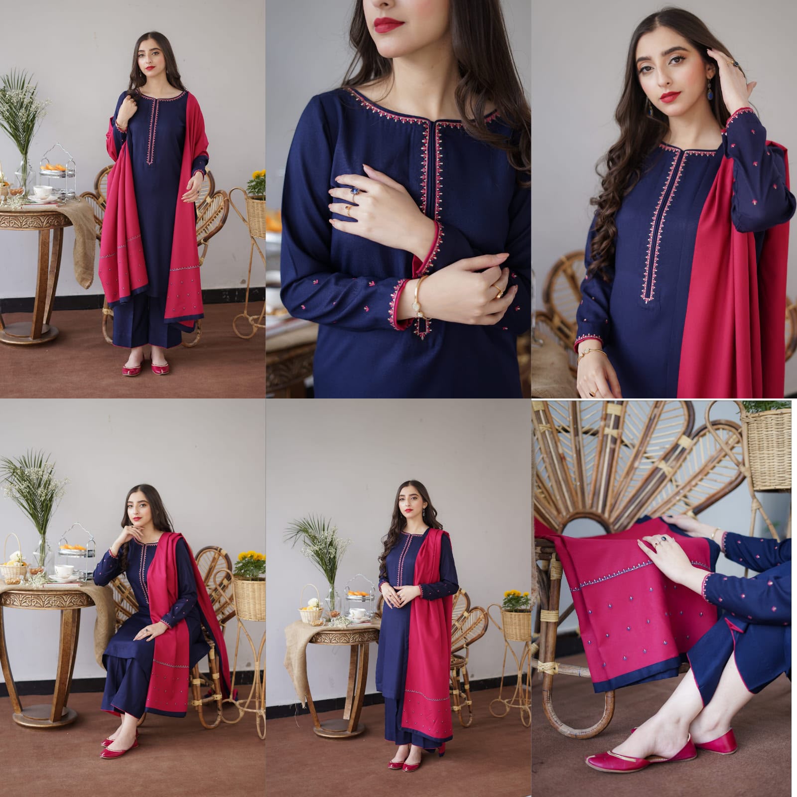 Embroidered 3-Piece Winter Suit with Shawl – Navy Blue & Pink