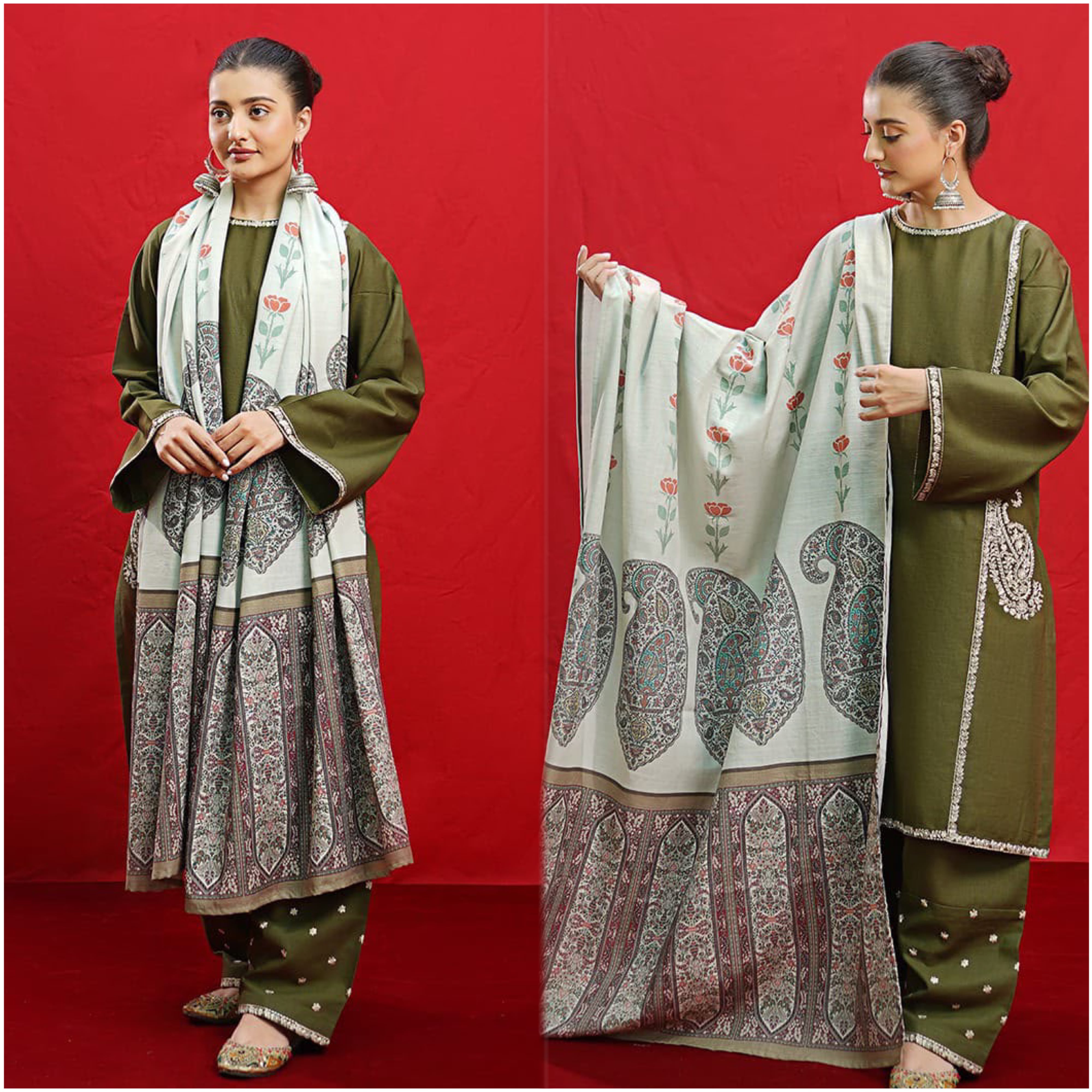 Embroidered 3-Piece Winter Suit with Paisley Shawl – Olive Green
