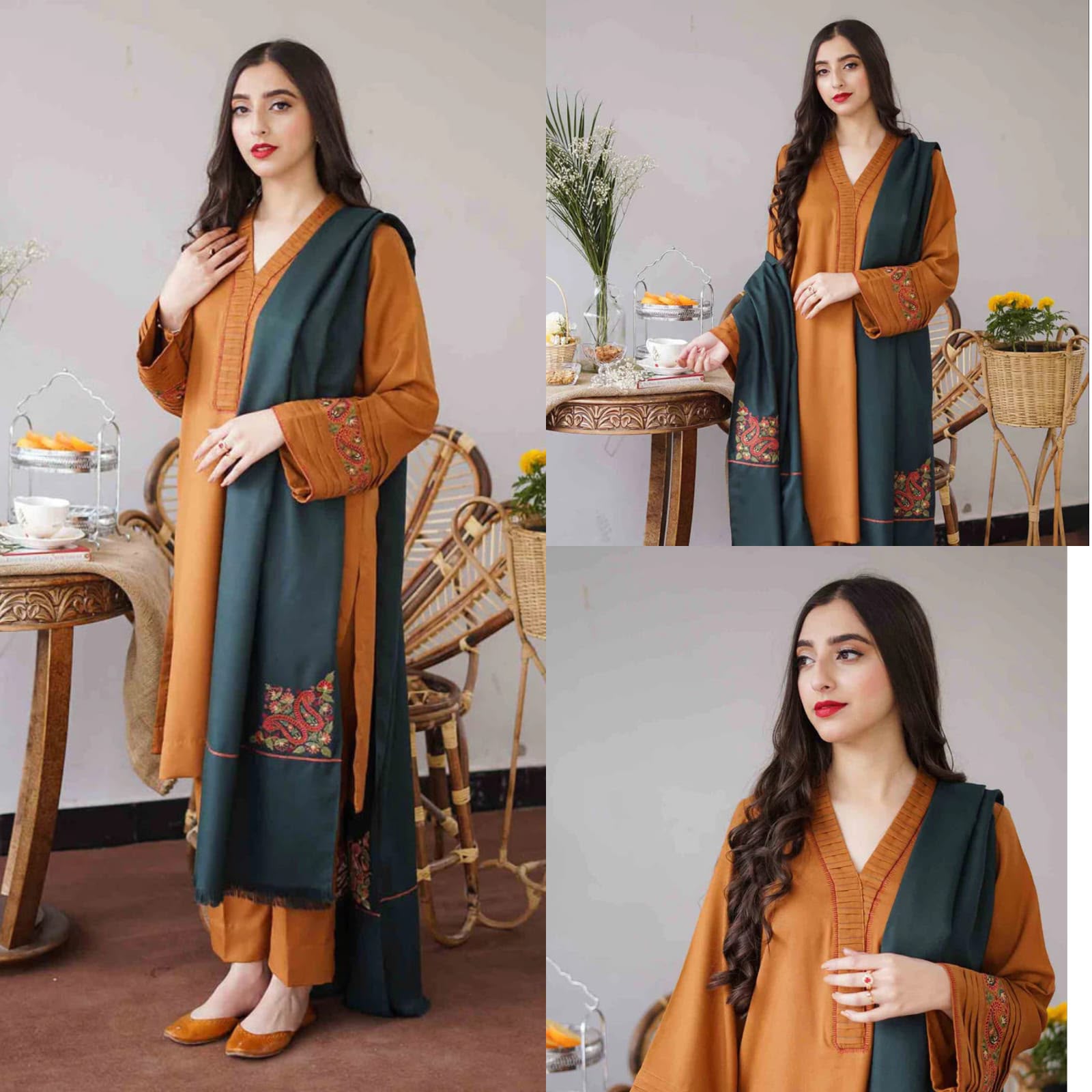 Embroidered 3-Piece Winter Suit with Shawl – Rust Orange