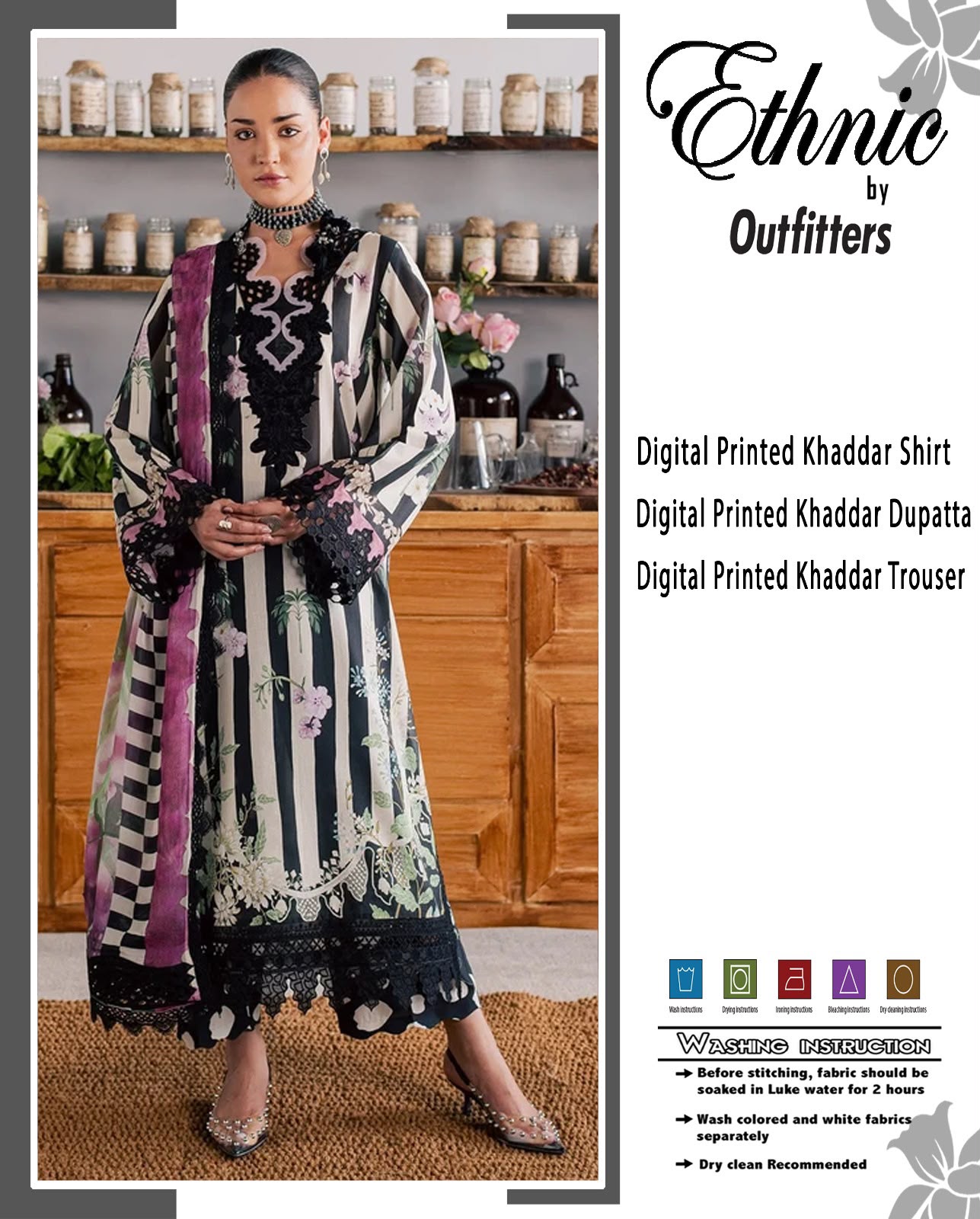 Ethnic Premium Khaddar Digital Printed 3-Piece Unstitched Winter Suit with Black Cutwork Neck – Black & White Stripes