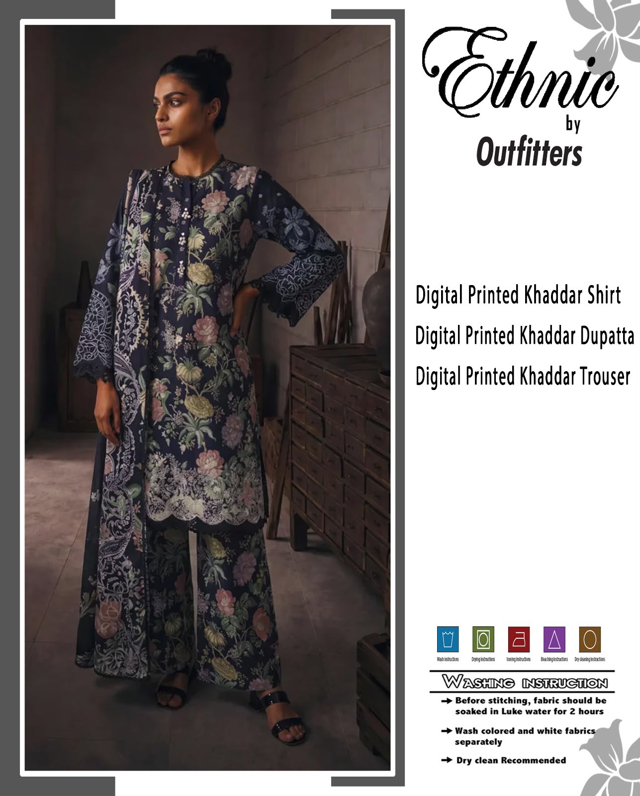 Ethnic Premium Khaddar Digital Printed 3-Piece Unstitched Winter Suit with Lace Cuffs & Scalloped Hem – Dark Navy