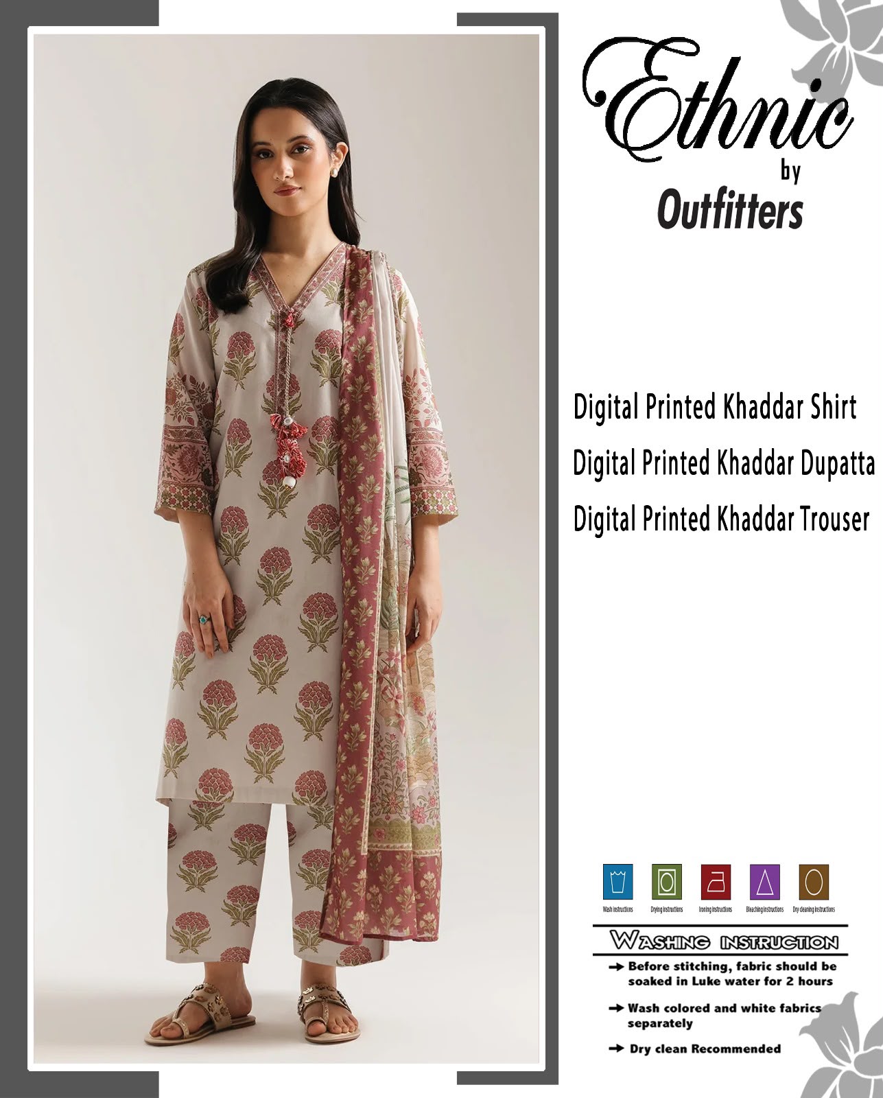 Ethnic Premium Khaddar Digital Printed 3-Piece Unstitched Winter Suit with Tassel V-Neck – Ivory & Rose