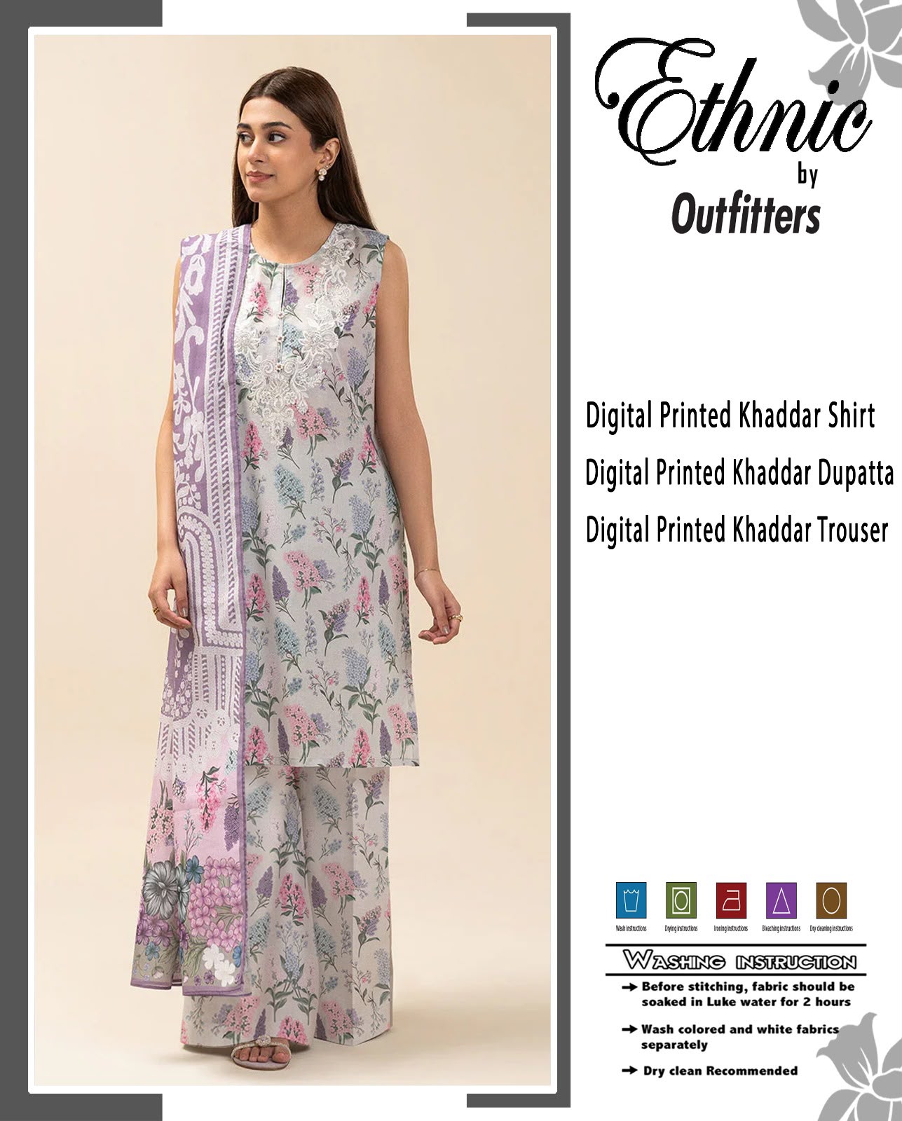 Ethnic Premium Khaddar Digital Printed 3-Piece Unstitched Winter Suit with Embroidered Neck Patch – Lilac Grey