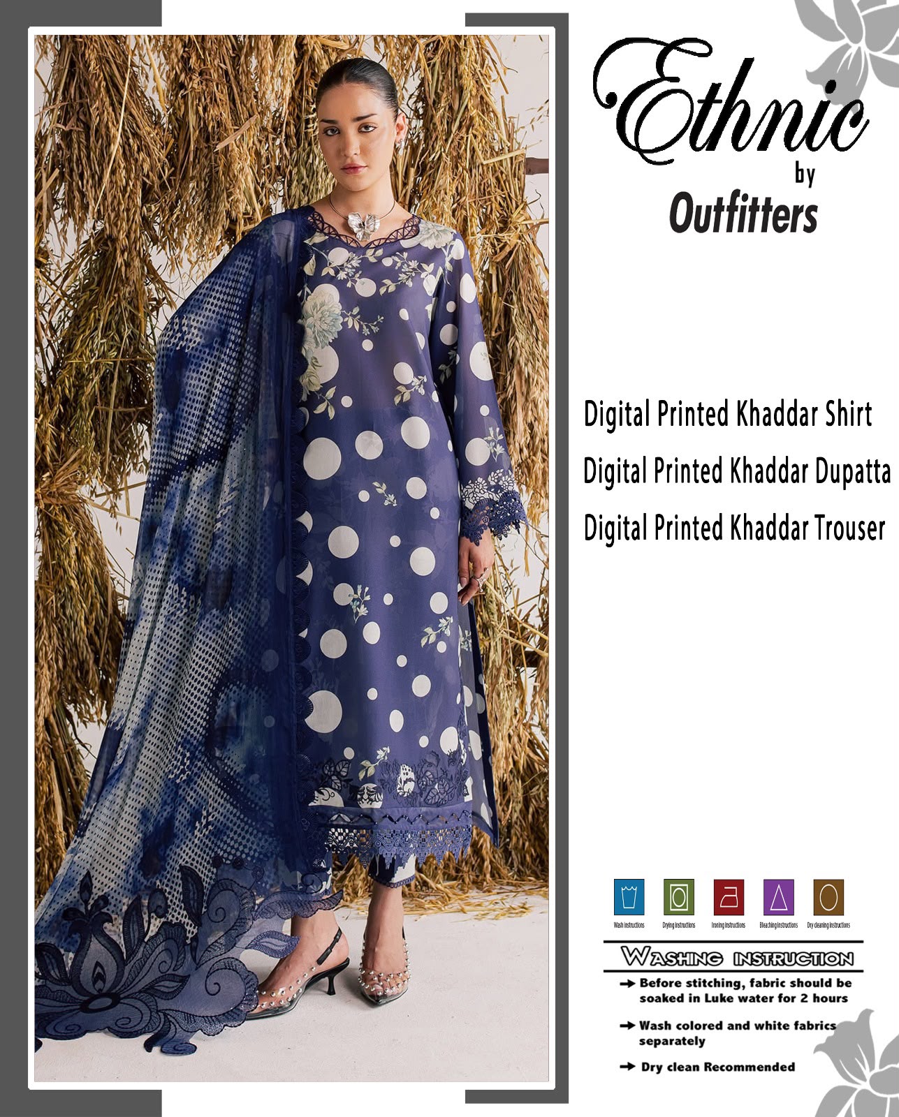 Ethnic Premium Khaddar Digital Printed 3-Piece Unstitched Winter Suit with Cutwork Neck & Lace Cuffs – Navy Blue