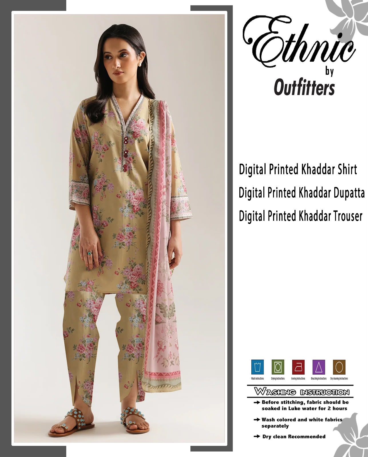 Ethnic Premium Khaddar Digital Printed 3-Piece Unstitched Winter Suit with Button Placket & Tulip Trouser – Olive Beige