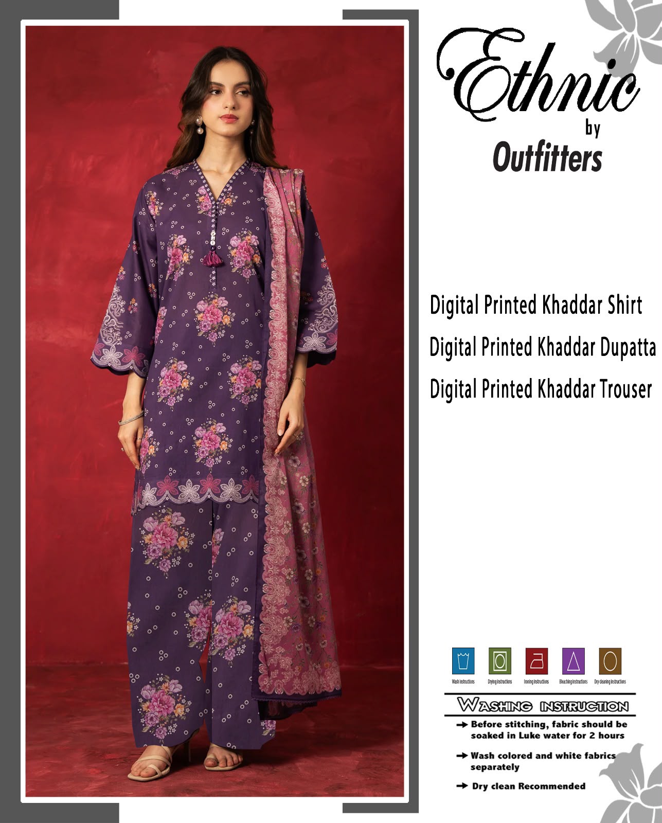 Ethnic Premium Khaddar Digital Printed 3-Piece Unstitched Winter Suit with V-Neck & Scalloped Hem – Purple