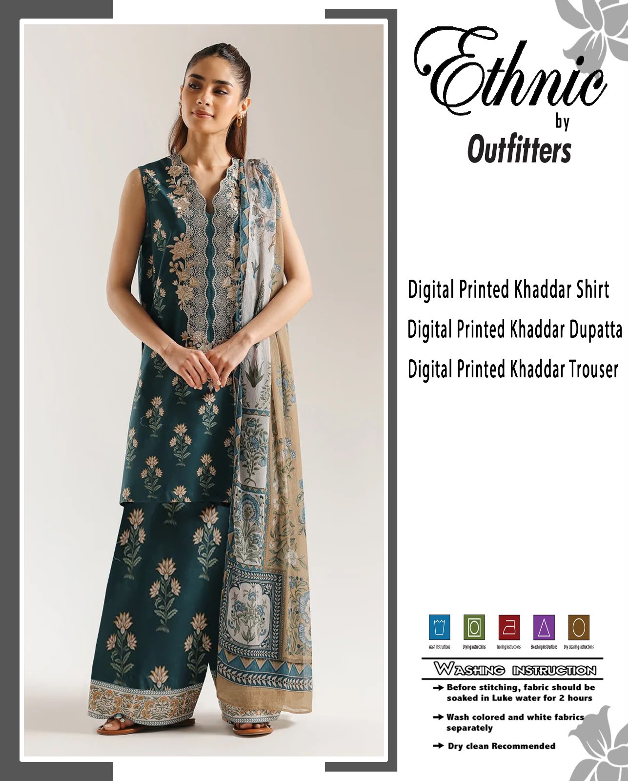 Ethnic Premium Khaddar Digital Printed 3-Piece Unstitched Winter Suit with Embroidered Placket & Border Trouser – Teal Green