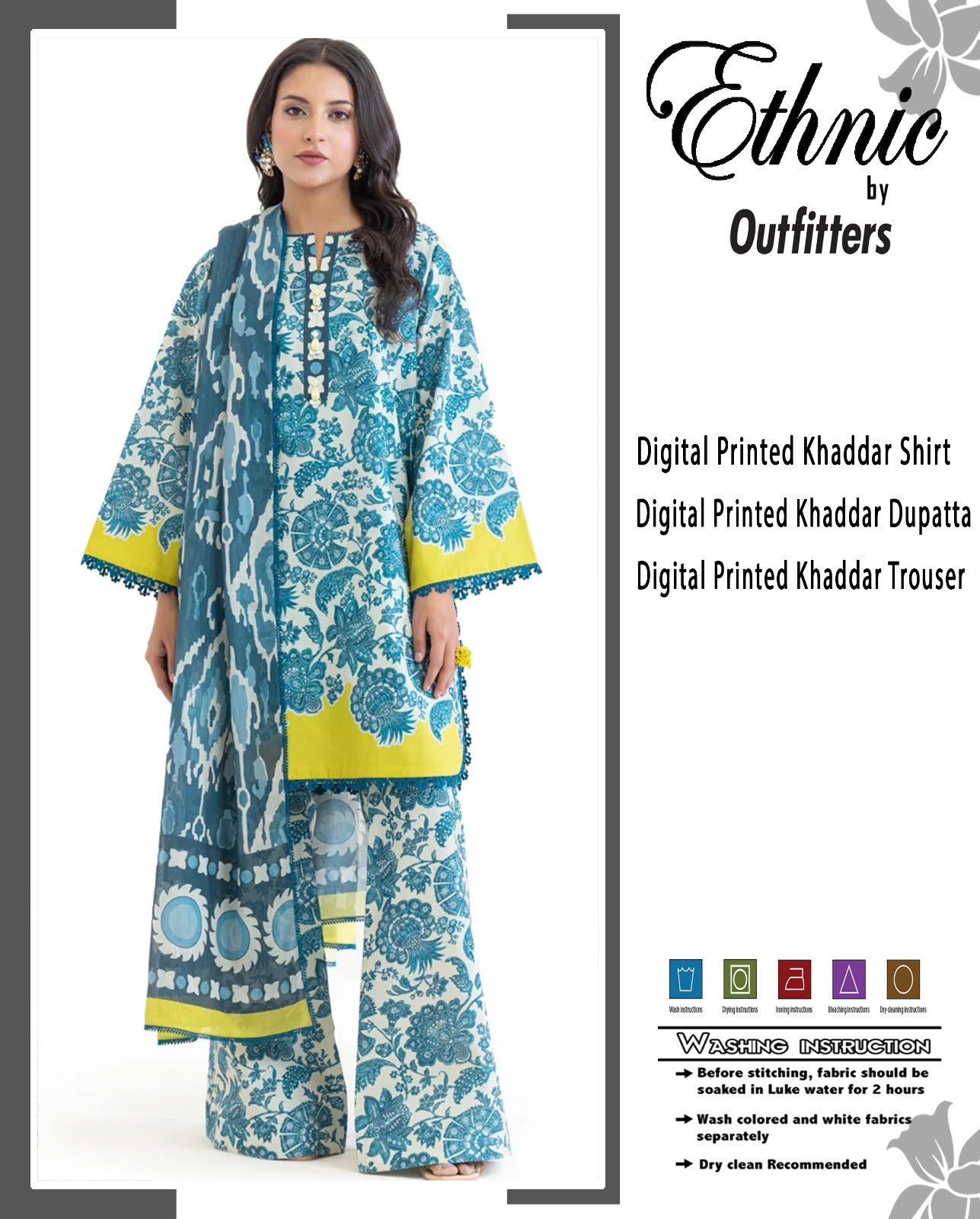 Ethnic Premium Khaddar Digital Printed 3-Piece Unstitched Winter Suit with Lime Border & Ikat Dupatta – Teal & Lime