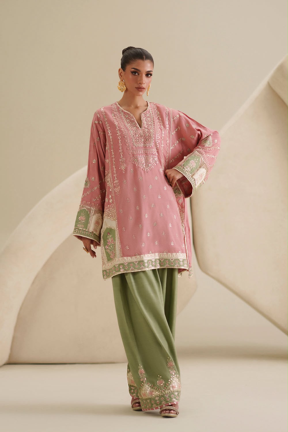 Ethnic Luxury Silk Festive Collection 2026/27 Premium Shamoz Silk Heavy Embroidered 3-Piece Unstitched Suit with Satin Applique Work and Chiffon Dupatta – Rose Pink