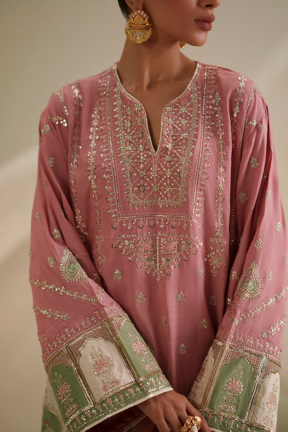 Ethnic Luxury Silk Festive Collection 2026/27 Premium Shamoz Silk Heavy Embroidered 3-Piece Unstitched Suit with Satin Applique Work and Chiffon Dupatta – Rose Pink (view 2)