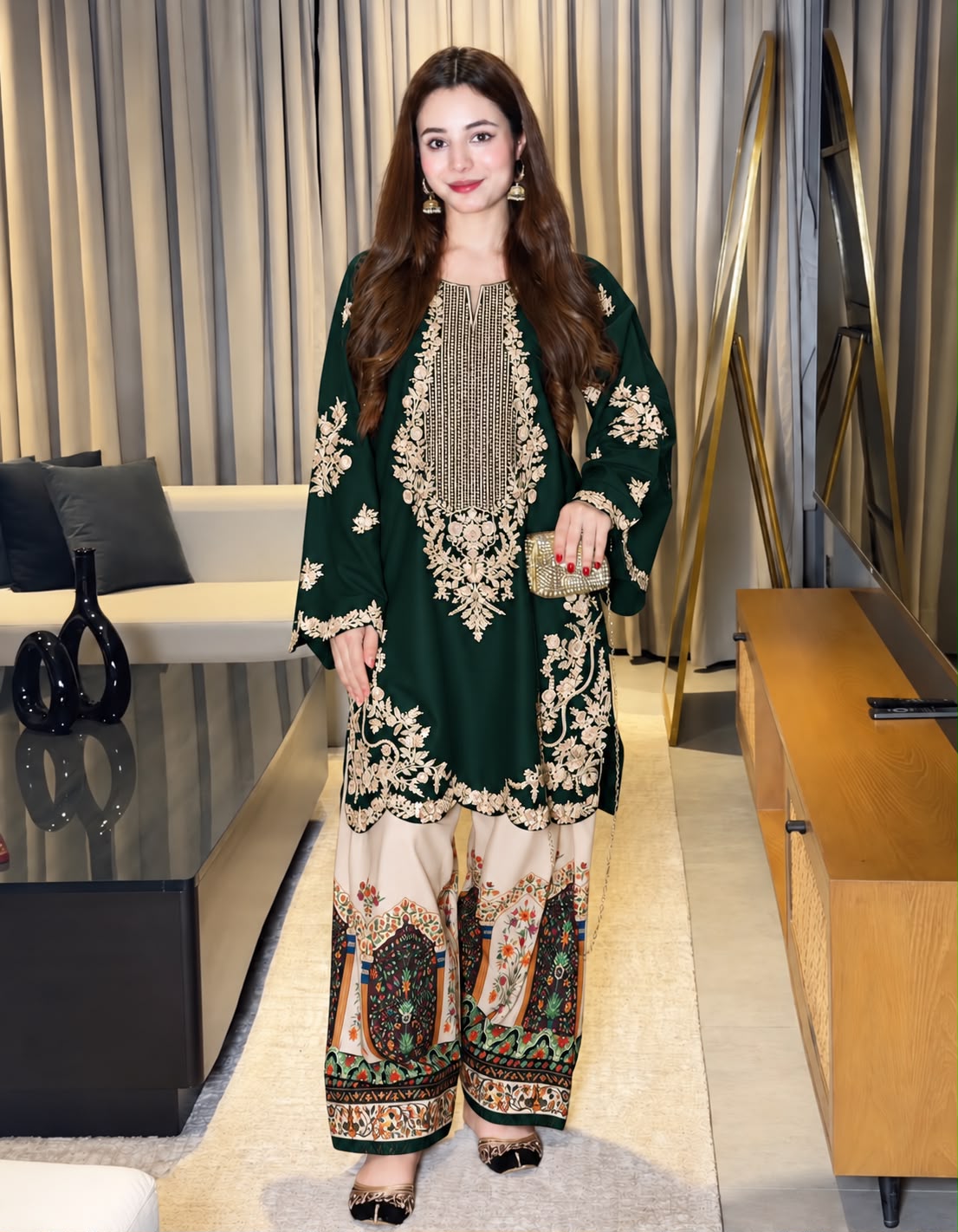 Ethnic Silk 2-Piece Embroidered & Sequence Suit with Printed Trouser – 5 Colours