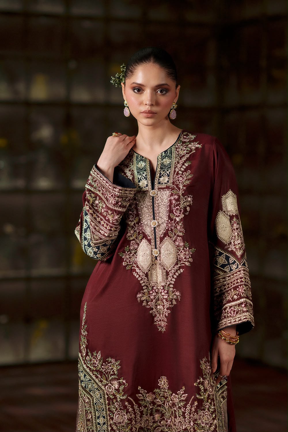 Ethnic Top Notch Article 2026/27 Premium Shamoz Silk Heavy Embroidered 3-Piece Unstitched Suit with Satin Applique Work and Chiffon Dupatta – Maroon (view 2)