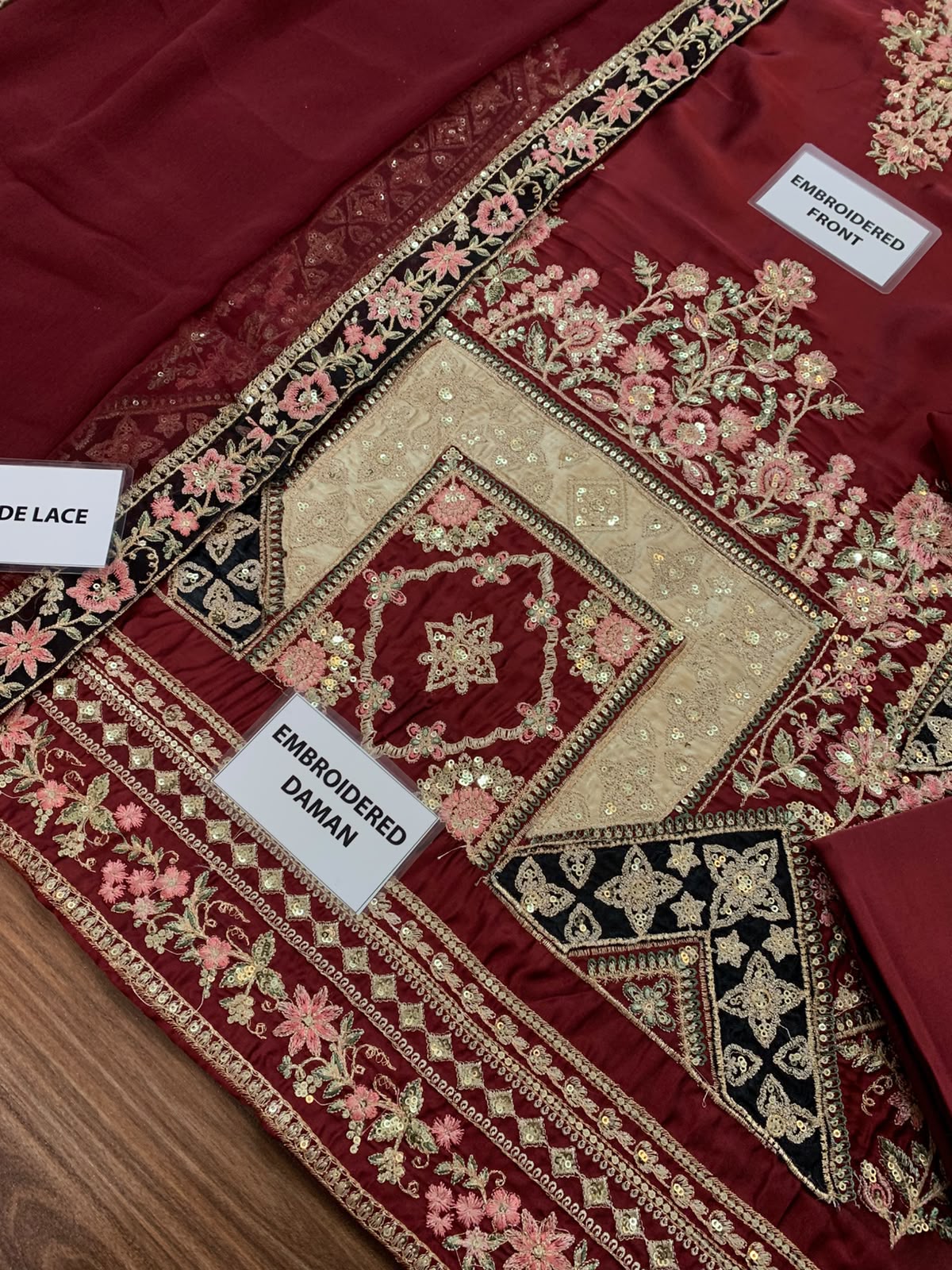 Ethnic Top Notch Article 2026/27 Premium Shamoz Silk Heavy Embroidered 3-Piece Unstitched Suit with Satin Applique Work and Chiffon Dupatta – Maroon (view 4)