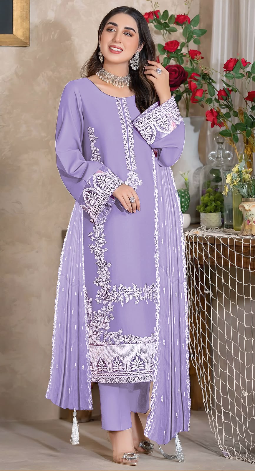 Farasha 6153 Winter Airjet Dhanak 3-Piece Heavy Embroidered Unstitched Suit with Luxury Embroidered Dupatta – Lilac
