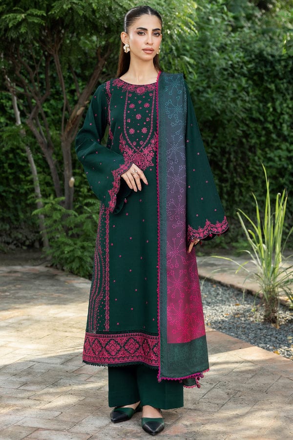 Farasha Winter Dhanak Collection 2026 Embroidered 3-Piece Unstitched Suit with Digital Printed Wool Shawl – Bottle Green