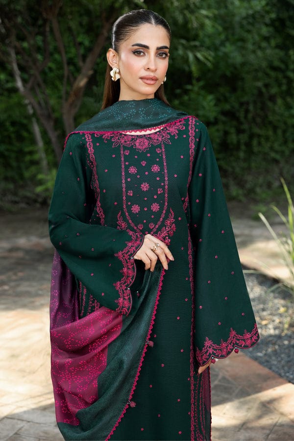 Farasha Winter Dhanak Collection 2026 Embroidered 3-Piece Unstitched Suit with Digital Printed Wool Shawl – Bottle Green (view 2)