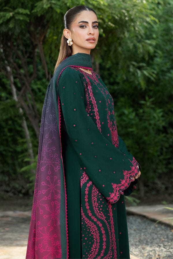 Farasha Winter Dhanak Collection 2026 Embroidered 3-Piece Unstitched Suit with Digital Printed Wool Shawl – Bottle Green (view 3)