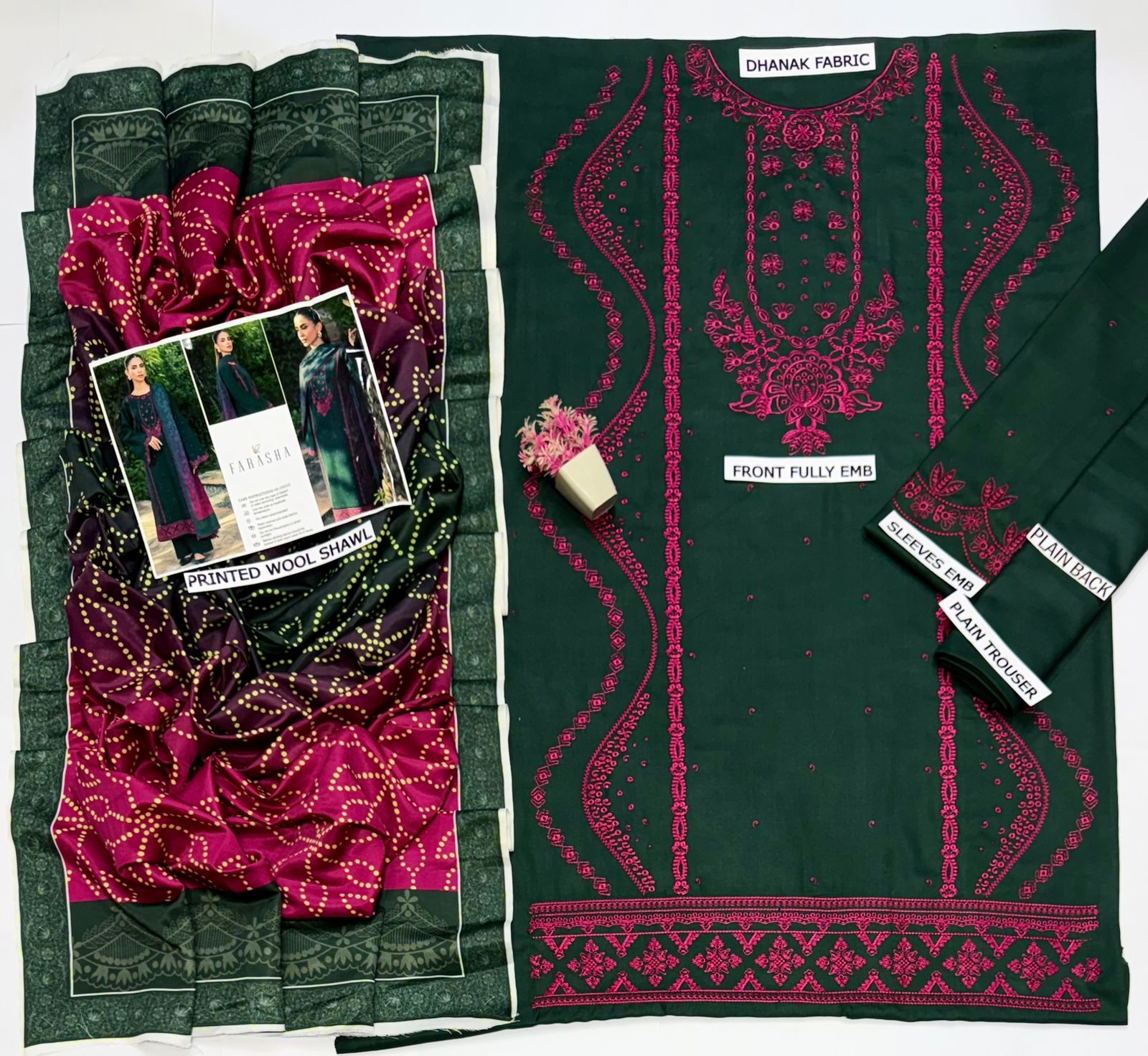 Farasha Winter Dhanak Collection 2026 Embroidered 3-Piece Unstitched Suit with Digital Printed Wool Shawl – Bottle Green (view 4)