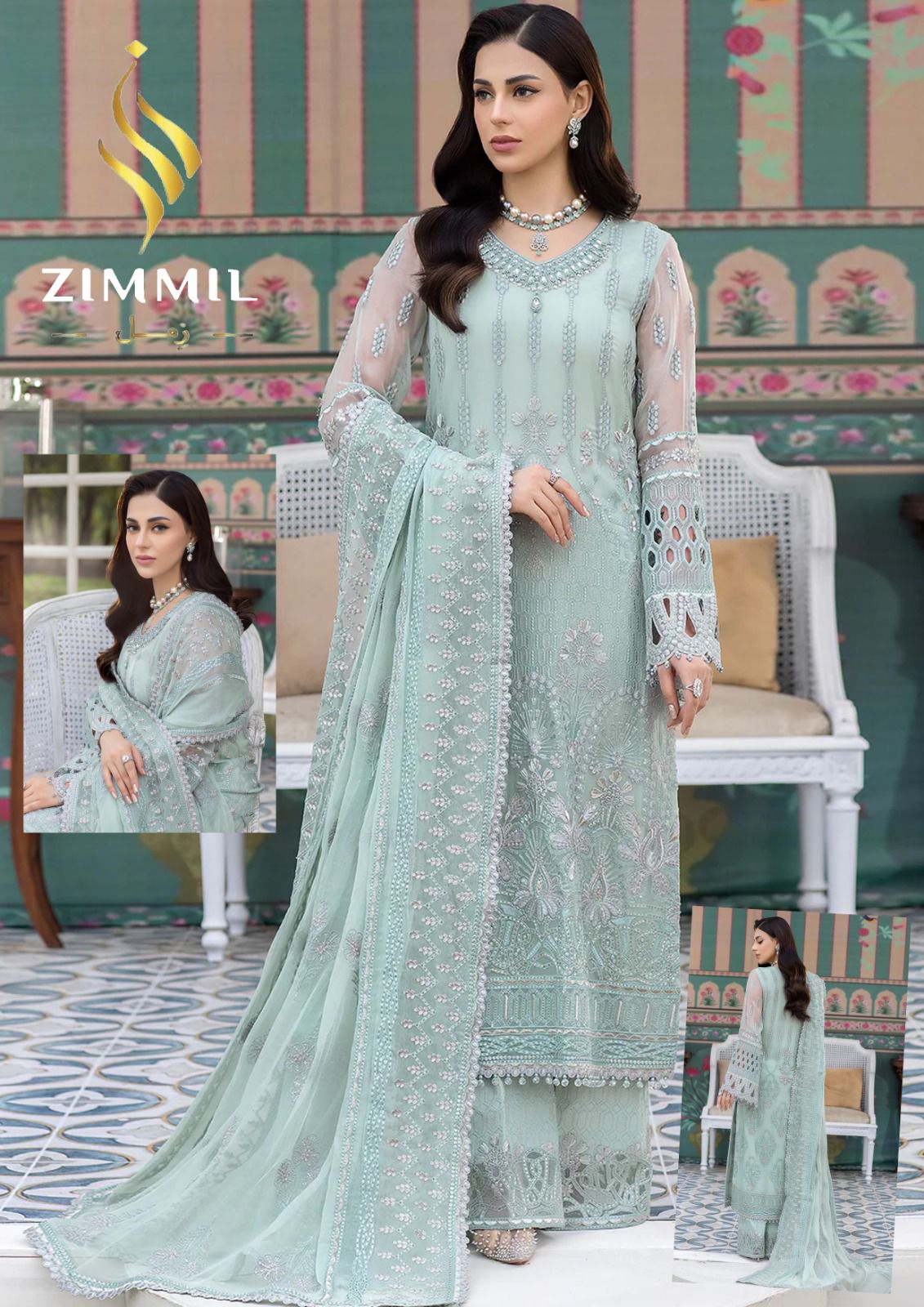 Flossie Festive Organza Heavy Embroidered 3-Piece Unstitched Suit with Handwork & Embroidered Dupatta – Mint Green