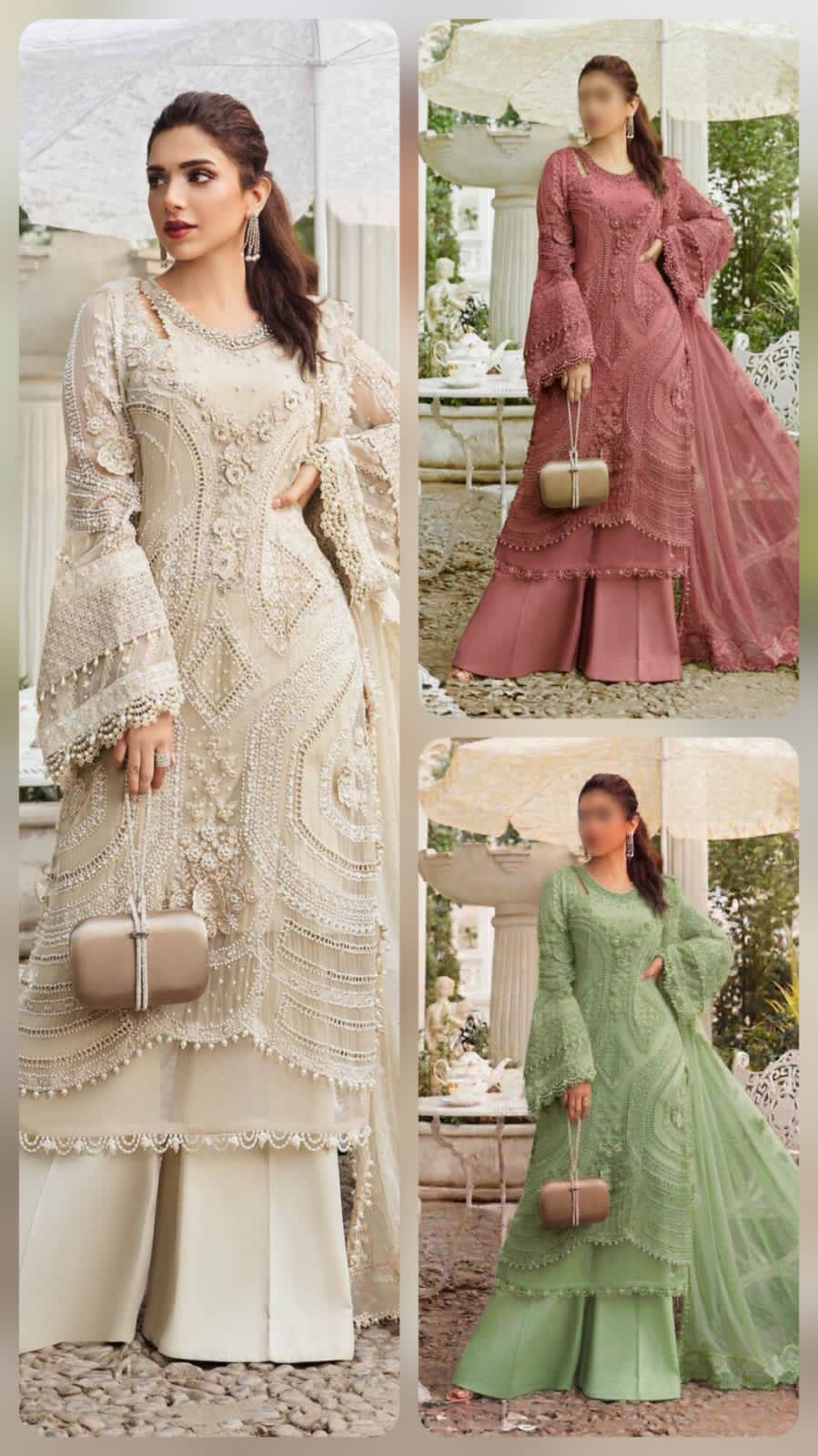 Fully Heavy Embroidered Chiffon 3-Piece Unstitched Suit – Cream, Rose & Pistachio Green