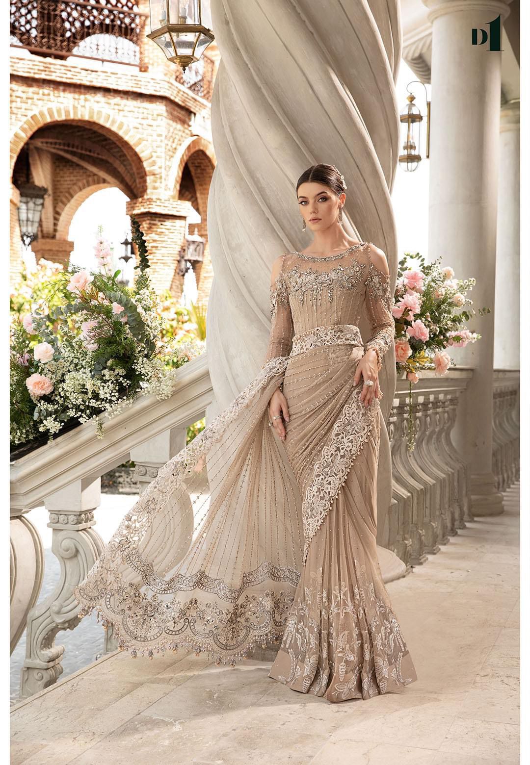 Fully Heavy Embroidered Net Saree-Style 3-Piece Unstitched Suit – Champagne