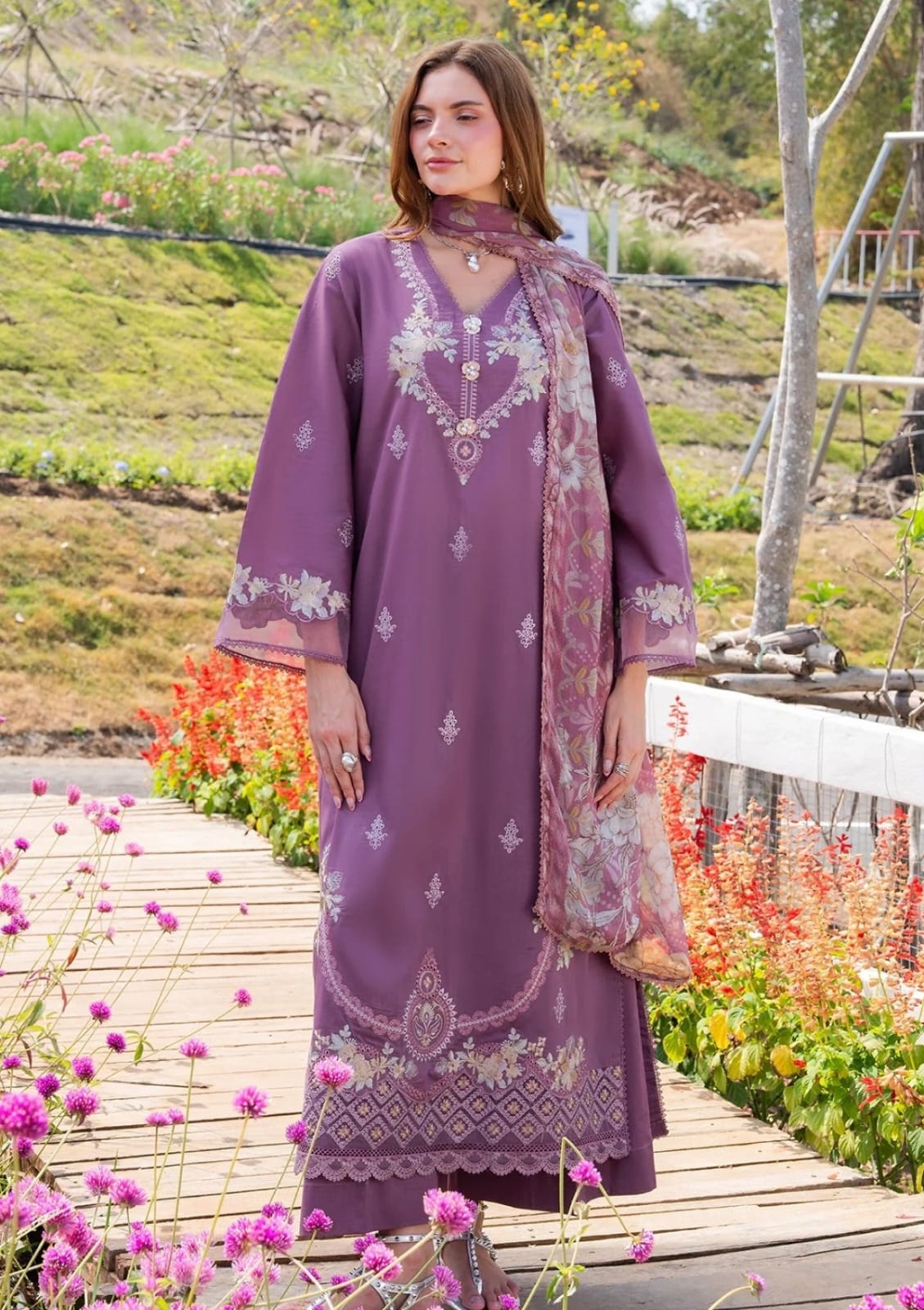 Garnet Dhanak Embroidered Luxury 3-Piece Unstitched Suit with Printed Wool Shawl – Mauve