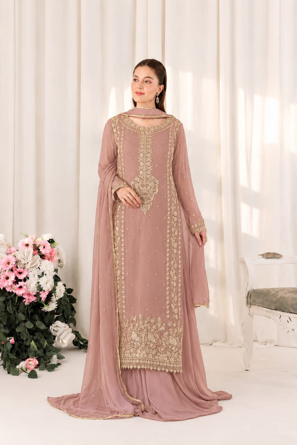 Harais Shakeel Chiffon Heavy Embroidered 3-Piece Suit with Kiran Lace Ready-to-Wear Dupatta
