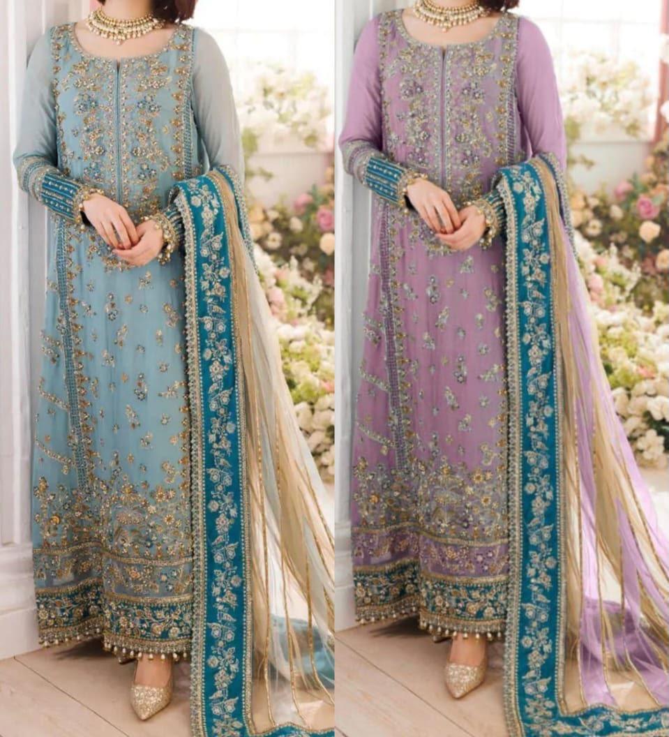 Heavy Embroidered Ada Work 3-Piece Chiffon Suit – Ice Blue & Lilac