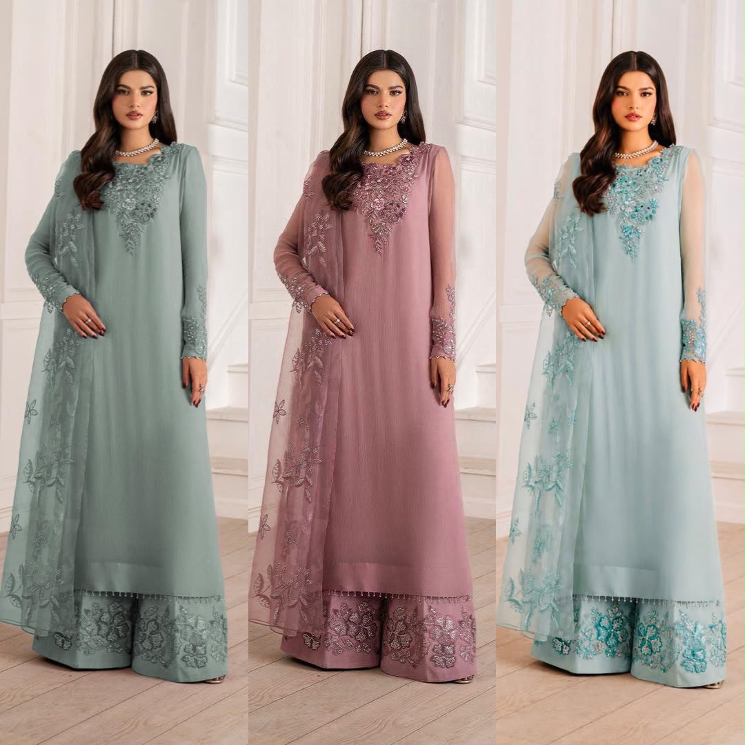 Heavy Embroidered Chiffon Organza 3-Piece Unstitched Suit – Sea Green, Mauve & Ice Blue