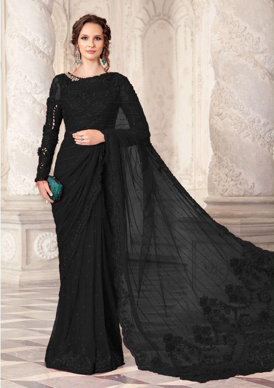 Heavy Embroidered Net Saree with Adda Work, Cutwork Border & Silk Petticoat – Black & Red