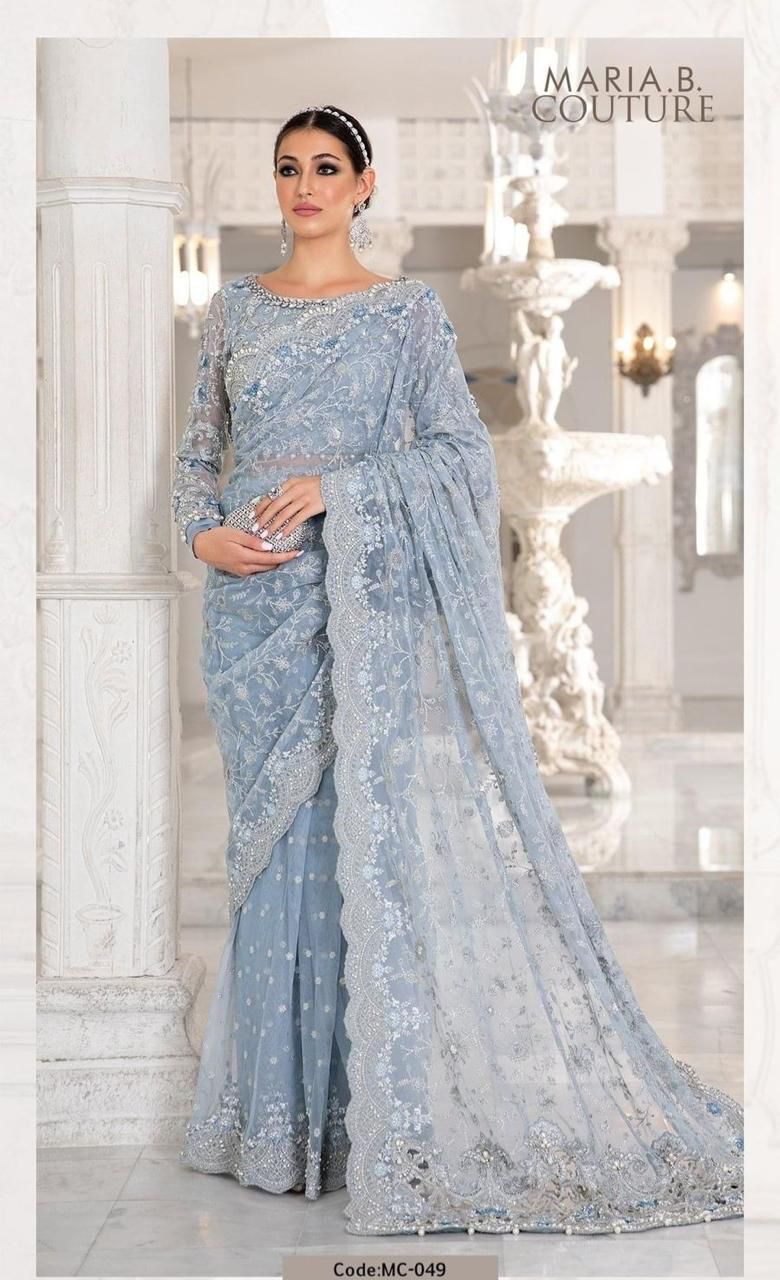 Heavy Embroidered Net Saree with Adda Work, Cutwork Border & Silk Petticoat – Powder Blue