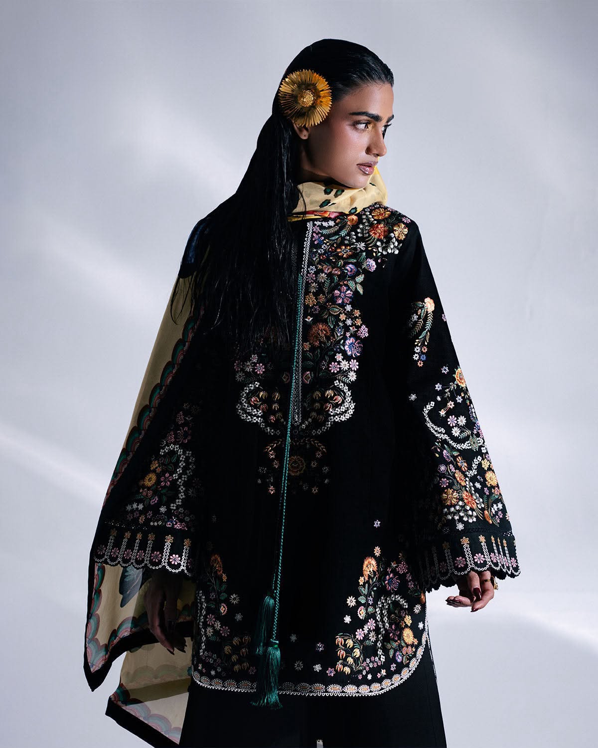 Hussain Rehar 9058 Heavy Embroidered Dhanak 3-Piece Unstitched Winter Suit with Printed Wool Shawl – Black