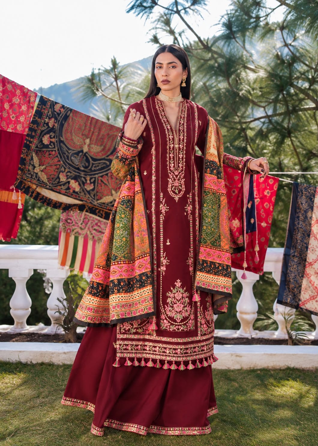 Hussain Rehar Dhanak Hit Embroidered 3-Piece Unstitched Suit with Wool Printed Shawl – Maroon & Black