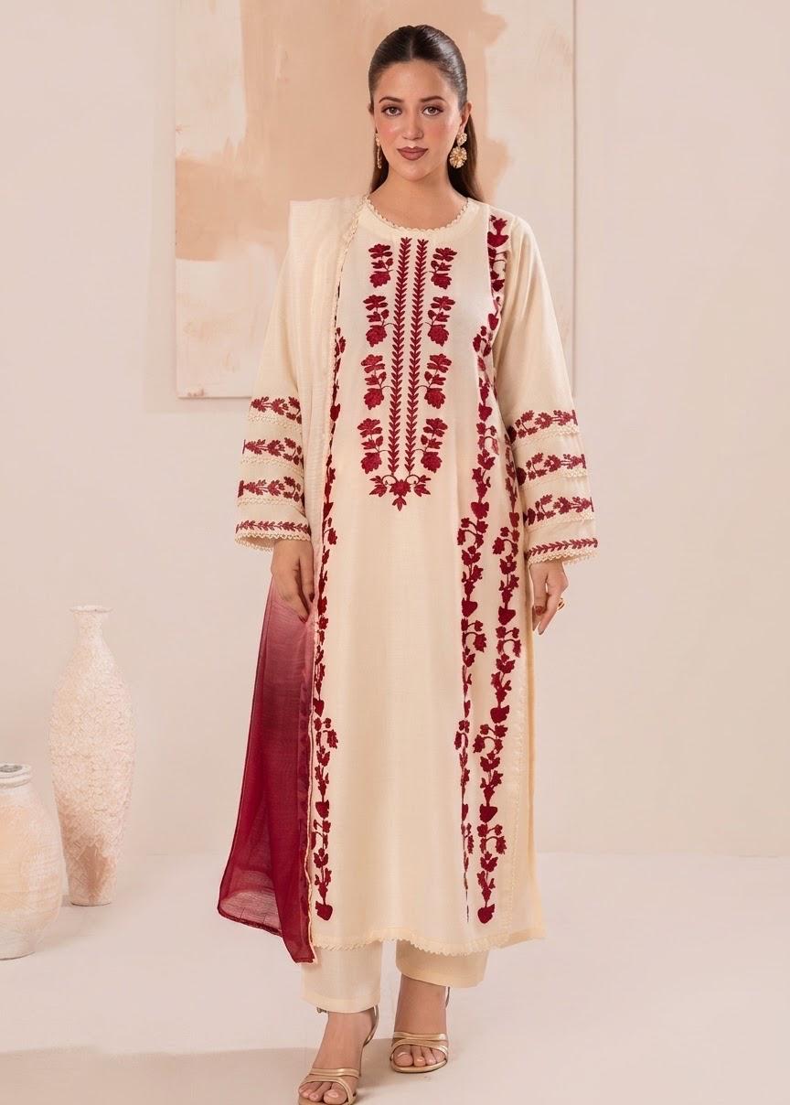Ivory & Maroon Embroidered 3-Piece Unstitched Suit with Ombré Dupatta