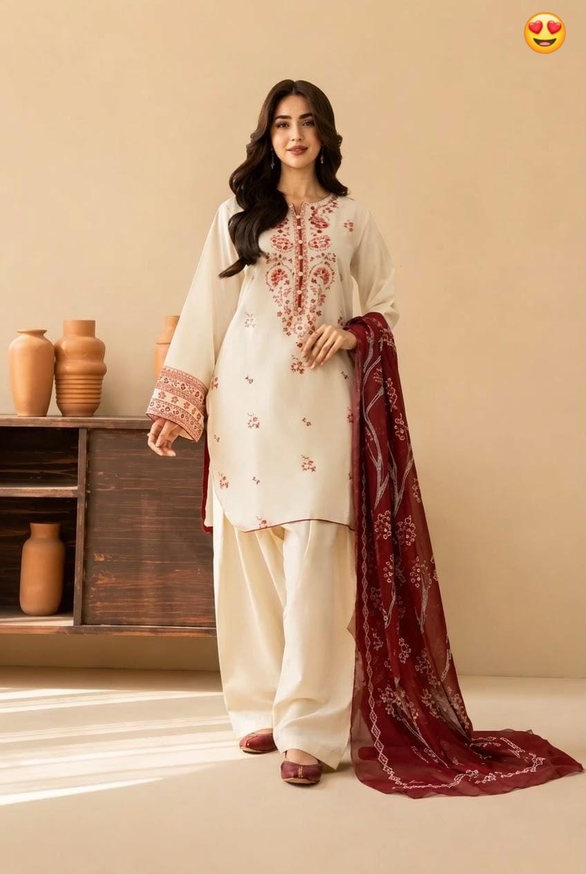 Ivory Rust-Embroidered 3-Piece Unstitched Suit with Printed Maroon Dupatta