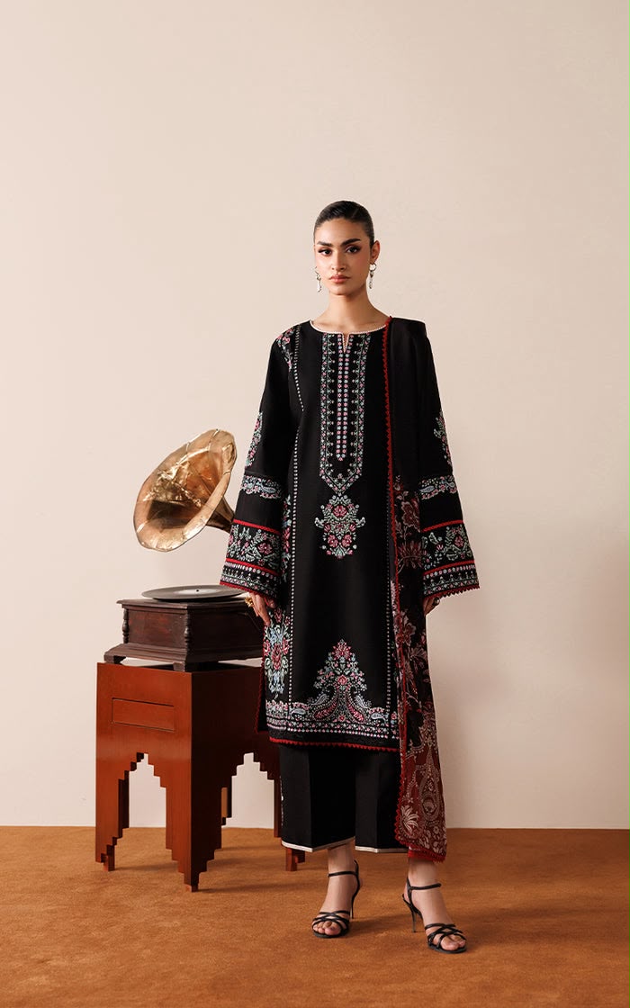 Izel 1278 Premium Airjet Dhanak 3-Piece Embroidered Unstitched Suit with Digital Printed Wool Shawl – Black
