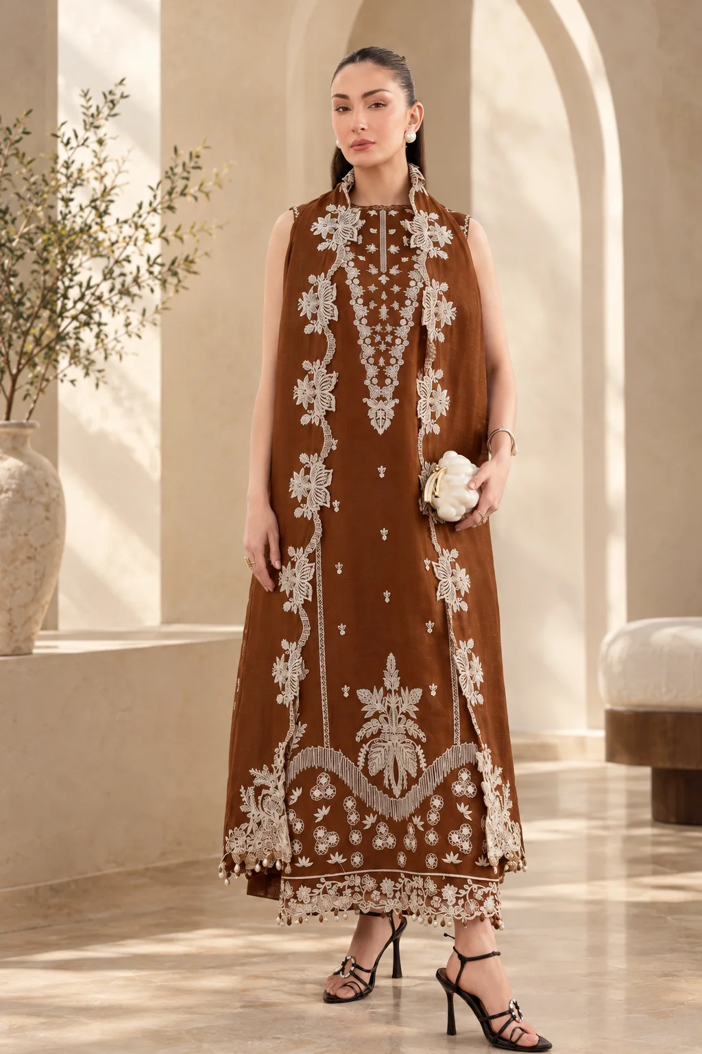 Izel Dhanak 3-Piece Heavy Embroidered Unstitched Suit with Digital Printed Shawl – D#331 Copper Brown