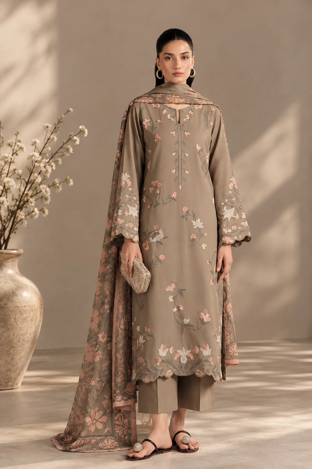 Iznik Dhanak 3-Piece Embroidered Unstitched Suit with Digital Printed Shawl – D#295A Taupe