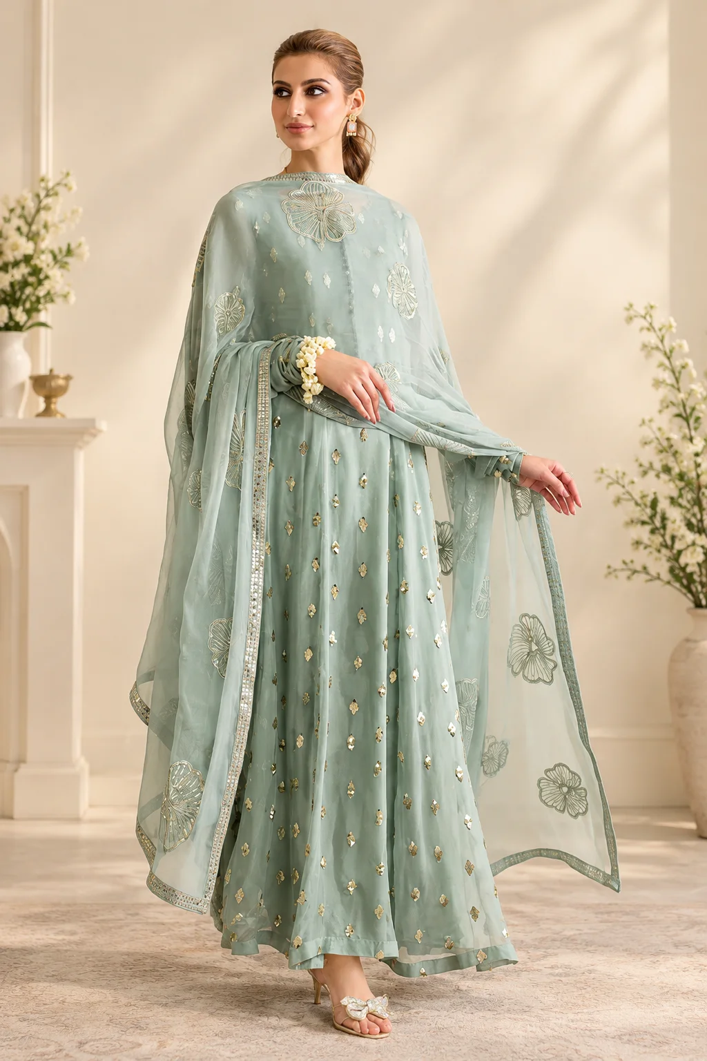 Iznik Embroidered Chiffon 3-Piece Unstitched Suit with 5-Yard Flared Shirt & Embroidered Dupatta – Sage Green