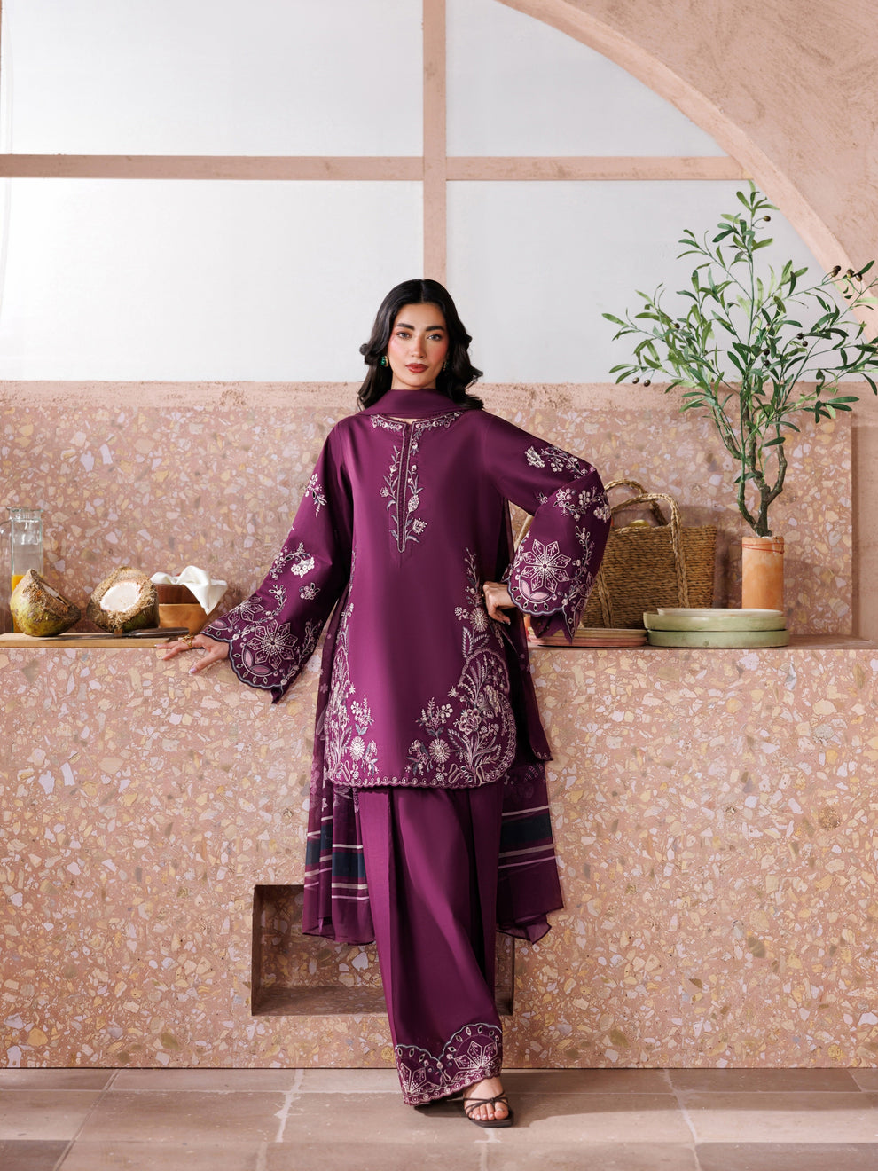 Iznik Embroidered Dhanak 3-Piece Unstitched Suit – Plum