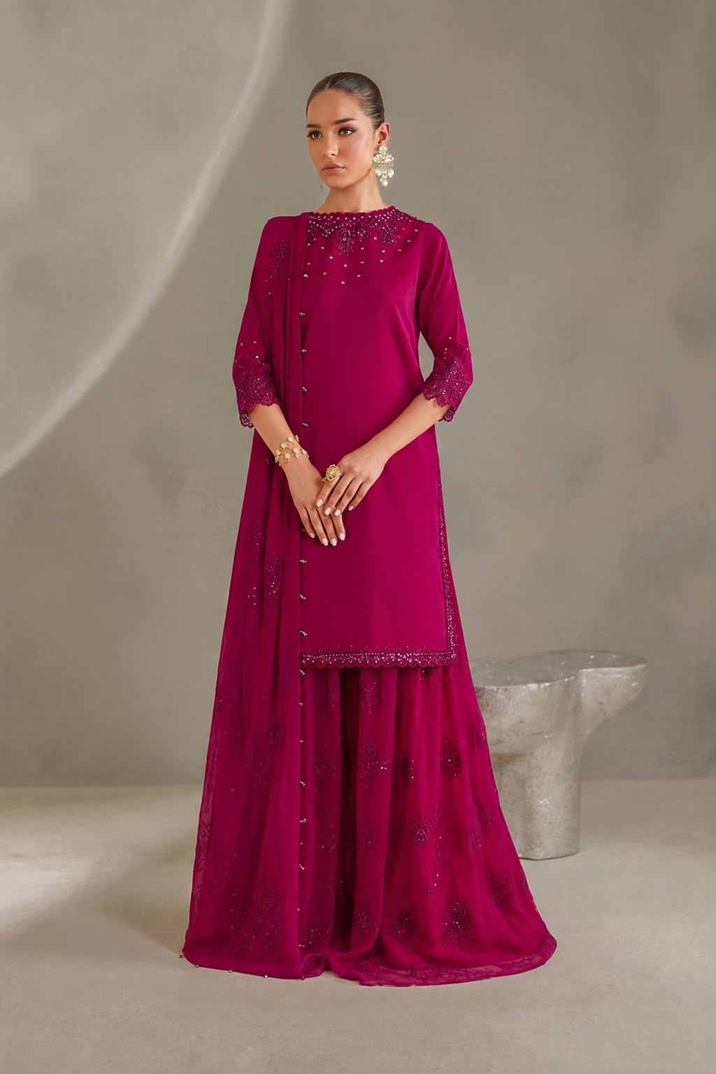 Iznik Heavy Embroidered Chiffon 3-Piece Unstitched Suit with Lehenga – Magenta