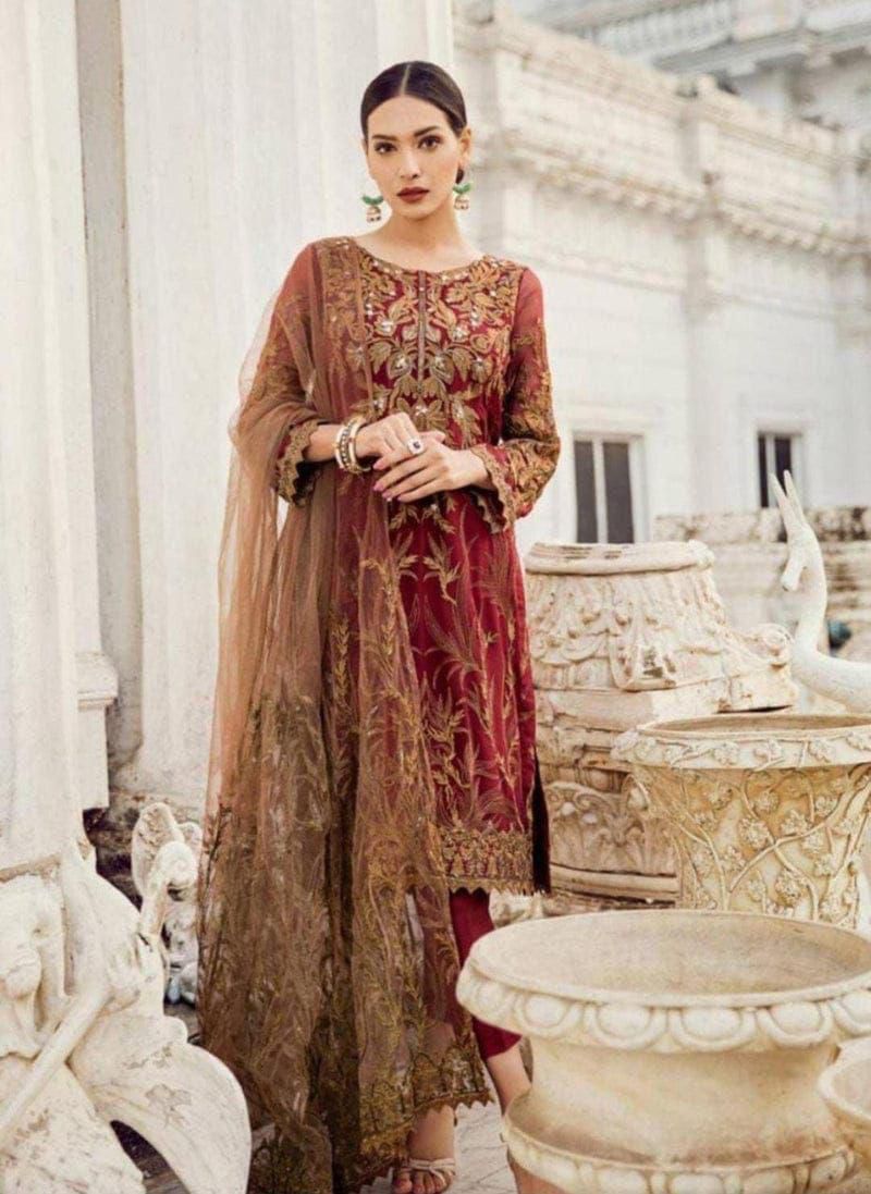 Iznik Heavy Embroidered Chiffon 3-Piece Unstitched Suit – Maroon