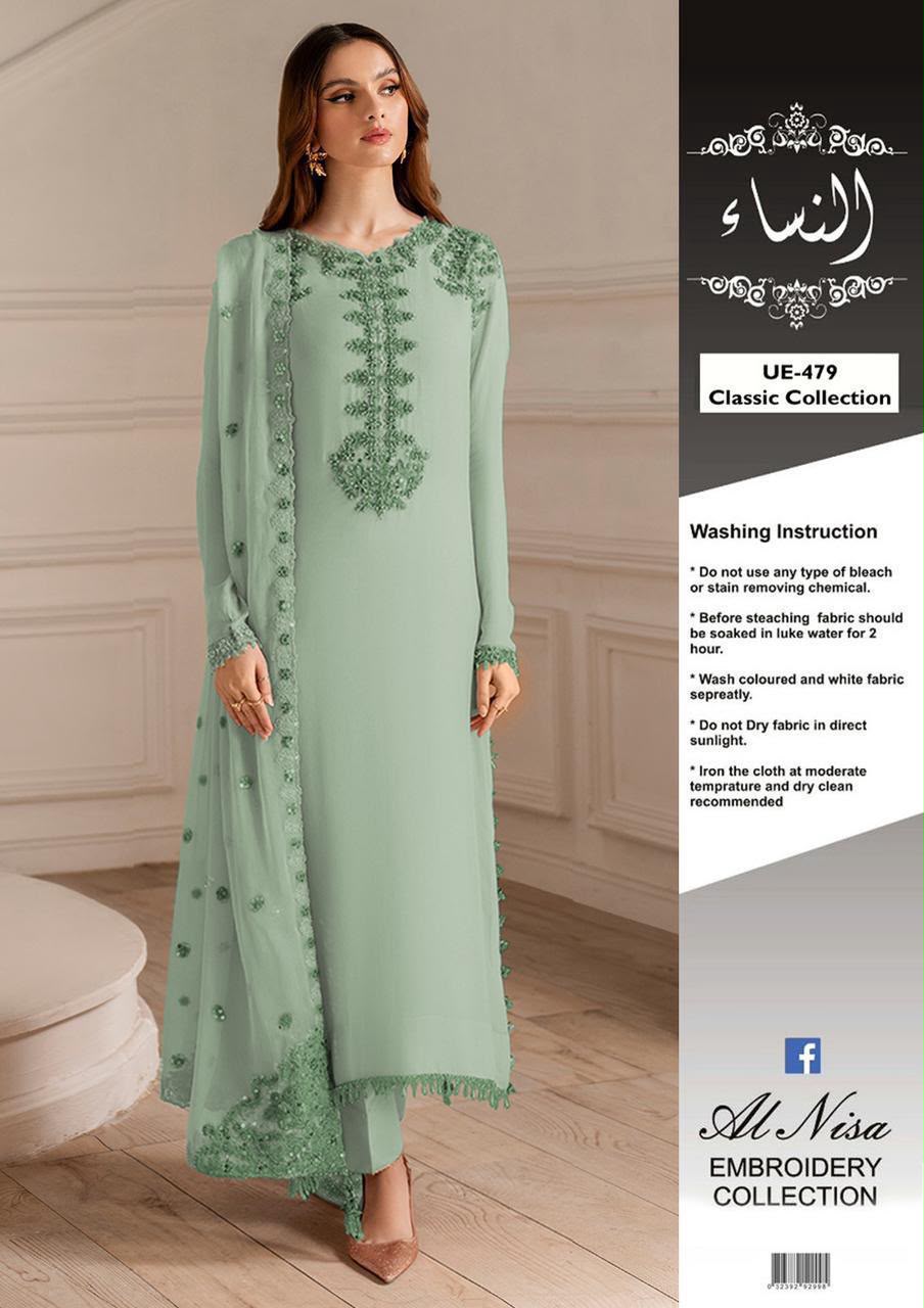 Iznik UE-479 Luxury Formals Chiffon Adda Work 3-Piece Unstitched Suit with Heavy Embroidered Dupatta and Malai Trouser – Five Colours