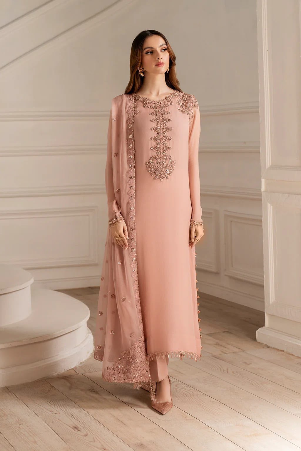 Iznik UE-479 Luxury Formals Chiffon Adda Work 3-Piece Unstitched Suit with Heavy Embroidered Dupatta and Malai Trouser – Peach Pink