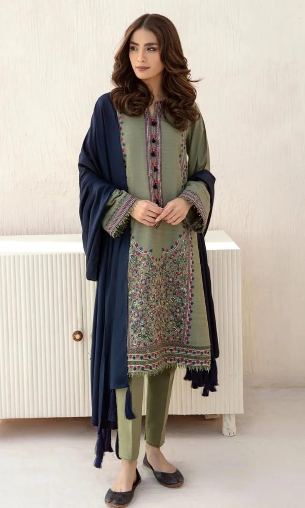 Jazmin Embroidered Dhanak 3-Piece Unstitched Suit – Green