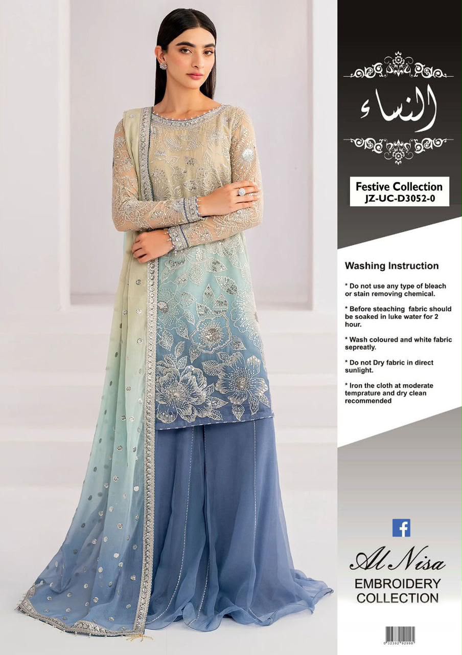 Jazmin Heavy Embroidered Chiffon Tie & Dye 3-Piece Unstitched Suit – Blue