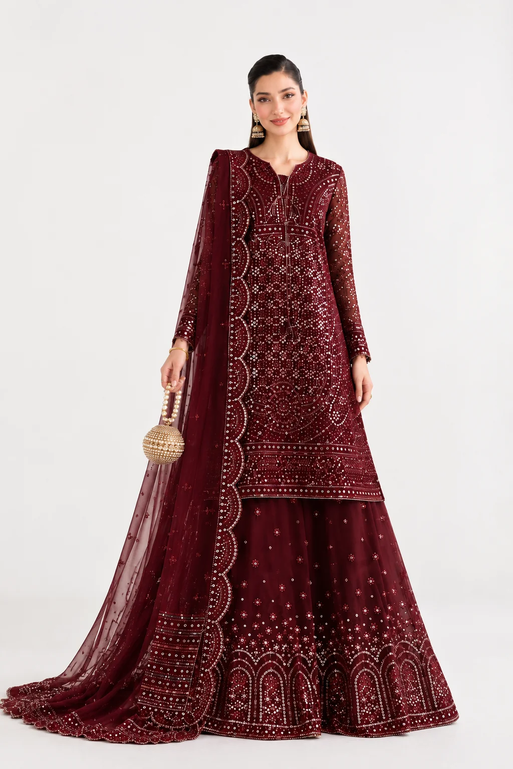 Jazmin Heavy Embroidered Sequin 3-Piece Unstitched Suit – D#1080 Maroon