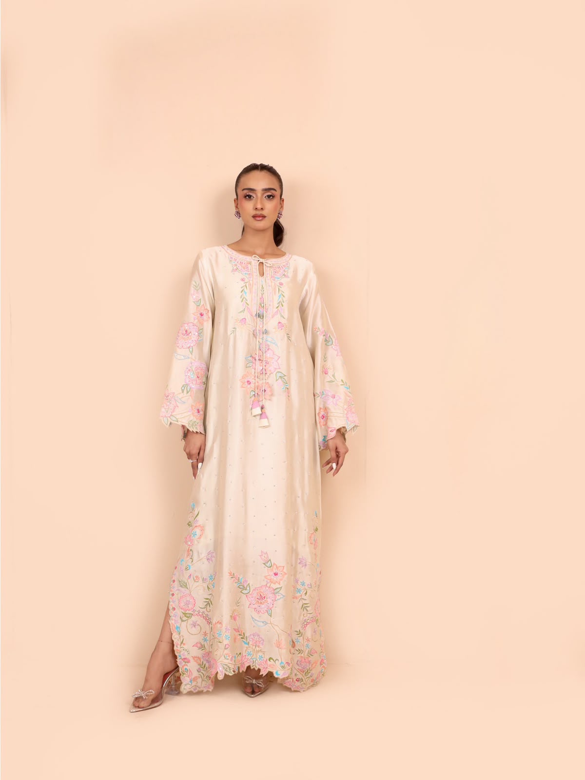 Most Elegant Kaftan Premium Shamoz Silk Multi Thread Embroidered 2-Piece Unstitched Suit – Silk Collection 2026/27 – Cream