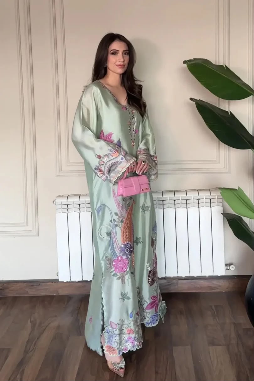 Most Elegant Kaftan Premium Shamoz Silk Multi Thread Embroidered 2-Piece Unstitched Suit – Silk Collection 2026/27 – Mint Green